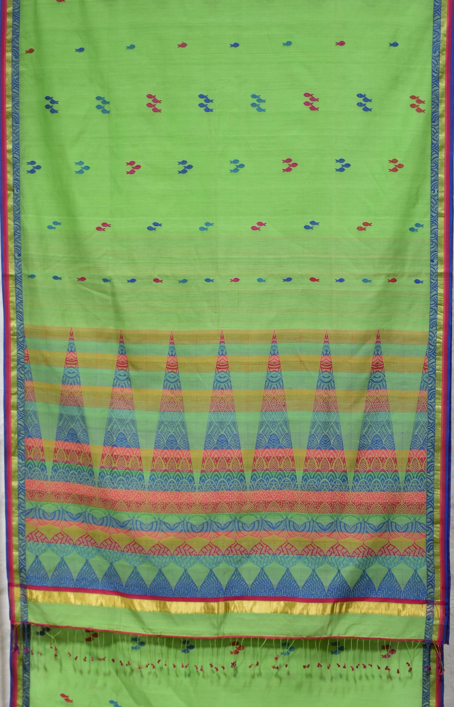 Parrot Green, Handwoven Organic Cotton, Textured Weave , Jacquard, Work Wear, Butta Saree